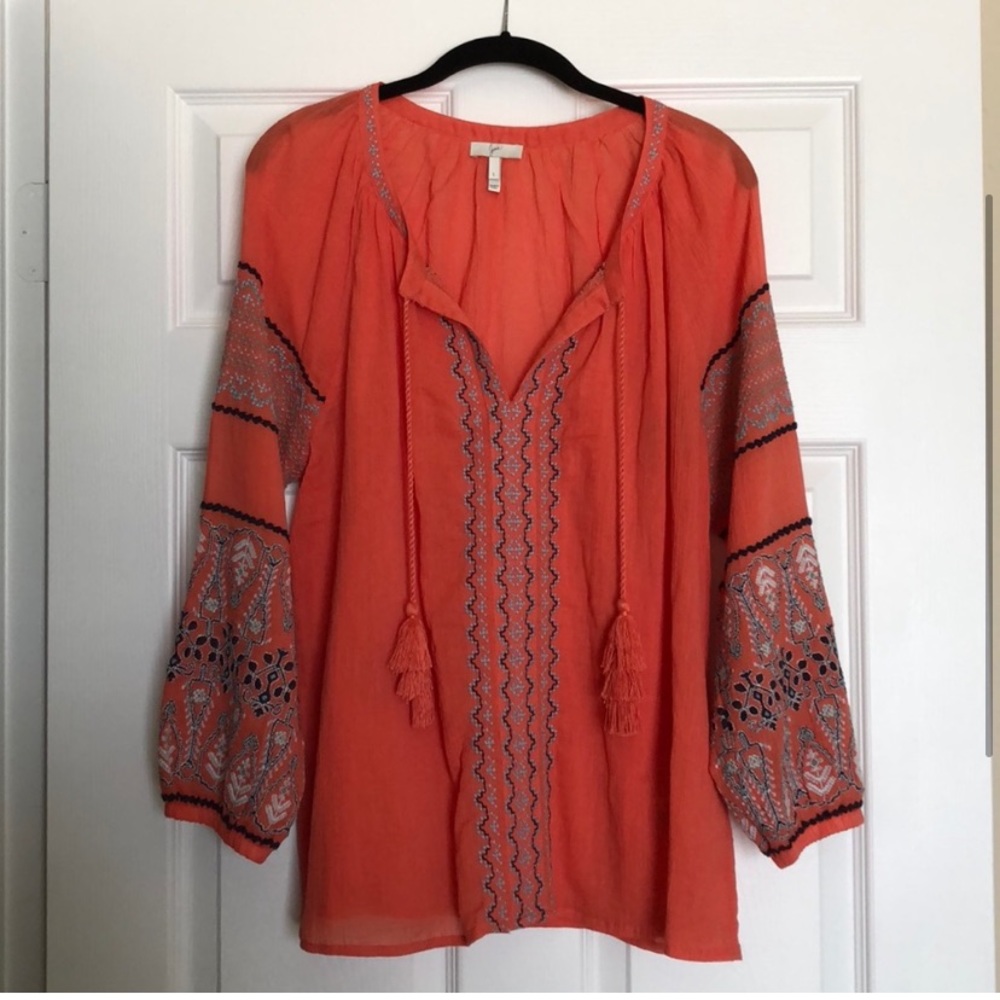 Joie Nelida Embroidered Tunic Blouse | Coral | Size Large 10 12 | Boho Top |